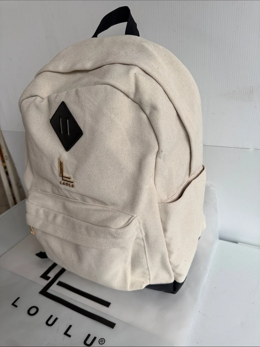 NEW LOULU CANVAS LAPTOP BACKPACK CREAM BLACK GOLD HARDWARE DAY PACK TRAVEL